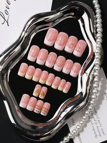 24pcs Medium Rectangular Nude To Cream Gradient French Style Nail Stickers, Gentle Pure Aesthetic, Long Rectangular Nail Tips, Portable For Travel, Suitable For Dresses, Commuting, Weddings, Anniversaries, Afternoon Tea, Full Of Atmosphere - 黃色 - 查看 4