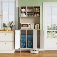Kitchen Cabinet With Three Doors In Light Wood And White, 181 Cm High, With Waste Compartment, Microwave Compartment And Vacuum Cleaner Storage, 80 X 35 X 181 Cm - White - View 4