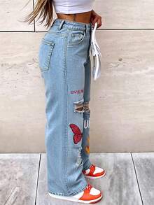 Jeans de cintura media con estampado y efecto desgastado, estilo callejero americano joven, casual - Lavado ligero - Ver 2