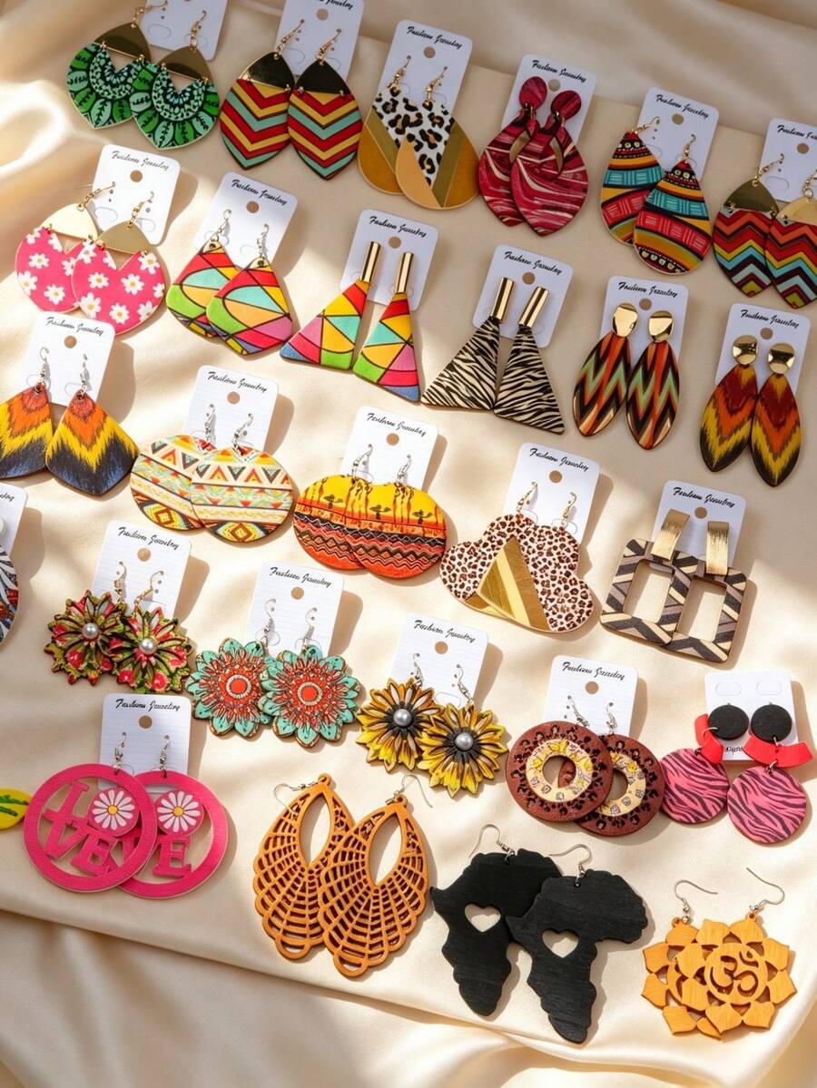 10 Pairs/Lot Exquisite Fashion Bohemian Style Colorful Wooden Earrings, Women's Geometric Print, Romantic Date Daily Wear, Gift Jewelry Accessories