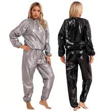 Sport Suit Men Women PVC Sauna Suit Long Sleeve Elastic Waist Summer Men's Top Pants Set Sweat Suit Weight Loss Fitness Clothing - Black - View 8