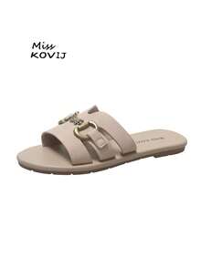 Summer New Women's Beach Flat Sandals, Metal Chain Buckle, Vacation Casual Comfortable, Celebrity Elegant Style - Light Grey - View 5