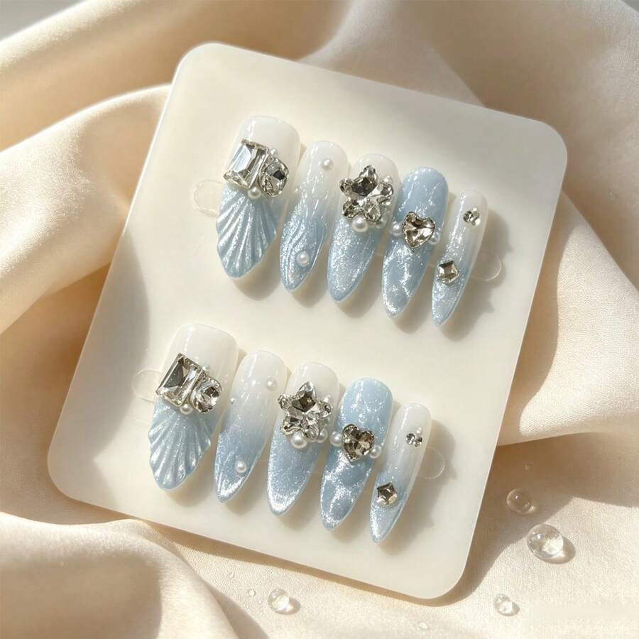 Uñas postizas hechas a mano para usar, nuevas, azul brumoso con efecto ojo de gato, largas, de alta gama, puntas de uñas cola de pez con strass, pegatinas de uñas premium, uñas postizas de presión hechas a mano - Neblina azul - Ver 1