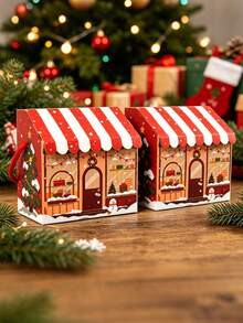 10pcs Christmas House Shape Gift Boxes With Handles Cartoon Christmas Tree Snowman Pattern Gift Packaging Box With Gift Tags Christmas Window Display Design Paper Treat Box For Winter Holiday Xmas Party Favors - Christmas Edition - View 6