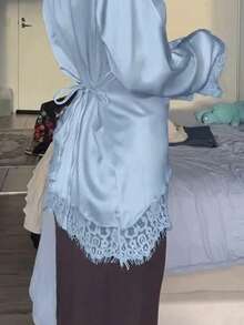 女士优雅通勤缎面上衣，蕾丝拼接圆领长袖系带上衣，纯色梭织蕾丝拼接不对称/不对称优雅办公日常约会款（白色半透明）春季 - 藍色 - 查看 3