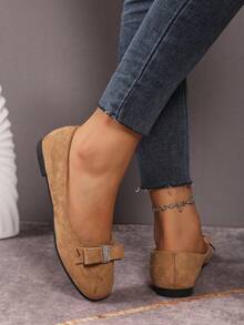 Solid Color Fashion Bow Women's Slip-On Shoes Office Autumn Slouchy Shoes Women's Driving Loafers - Khaki - View 4