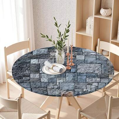 Stone Brick Round Fitted Tablecloth With Elastic Edge, Wipeable Blue Pebble Medieval Castle Knight Design, Fits 44-48 Inch Tables, Suitable For Dinner Indoor Outdoor Parties