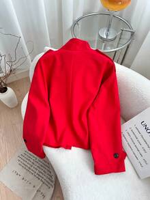 FGGG Women's Epaulettes & Button Decorated Long Sleeve Stand Collar Loose Straight Woven Red Short Trench Coat, Vintage British Style, Suitable For Daily & Party Wear, Spring & Autumn - Red - View 8