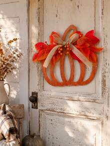 1PC Autumn Pumpkin Door Hanging Decor, Thanksgiving Front Door Wreath, Pumpkin Door Sign, Paired With Artificial Maple Leaves, Berries And Burlap Bow, American Farmhouse Style Porch, Wall, Window, Entryway Hanging Decoration, Suitable For Harvest Festival, Seasonal Home Party Decor - Style 1 - View 5