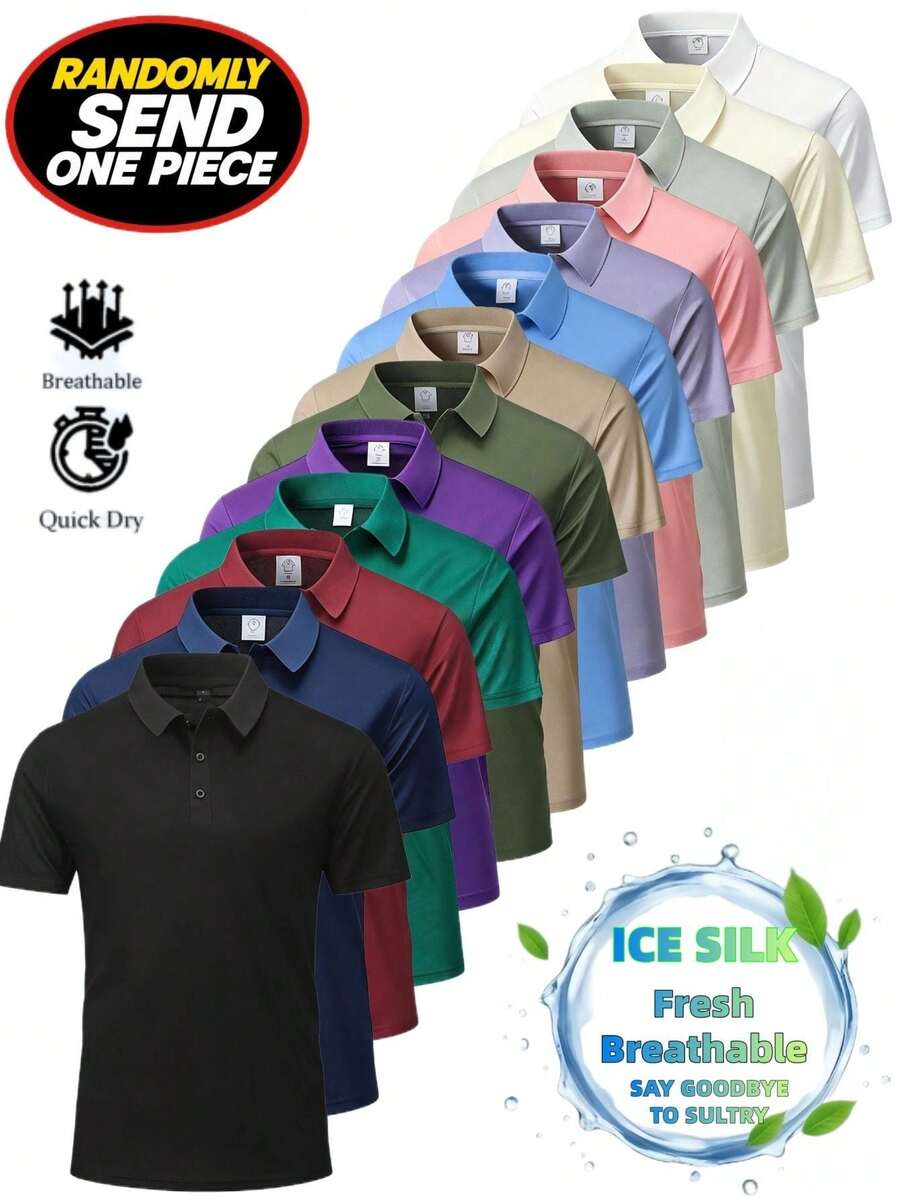 Plus Size -Random Sent 1PC | 13 Colors - Men's Summer Solid Plain Polo Shirt | Summer Short Sleeve Collared T-Shirt Top, Suitable For Business, Travel - Mixed Colors/Random 1PC - View 1