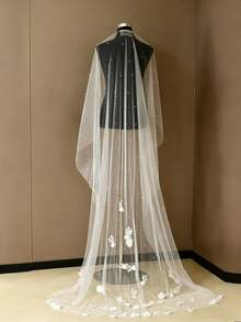 1pc 3D Lace Flower Faux Pearl Long Floor-Length Bridal Veil, White Soft Tulle, Wedding Chapel Bridal Accessory - Milky - View 7