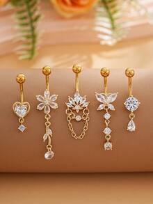 5pcs Sexy Small Water Drop Butterfly Fan-Shaped Chain Shiny Zirconia Decor Stainless Steel Pierced Belly Button Ring For Daily Wear - Yellow Gold - View 1