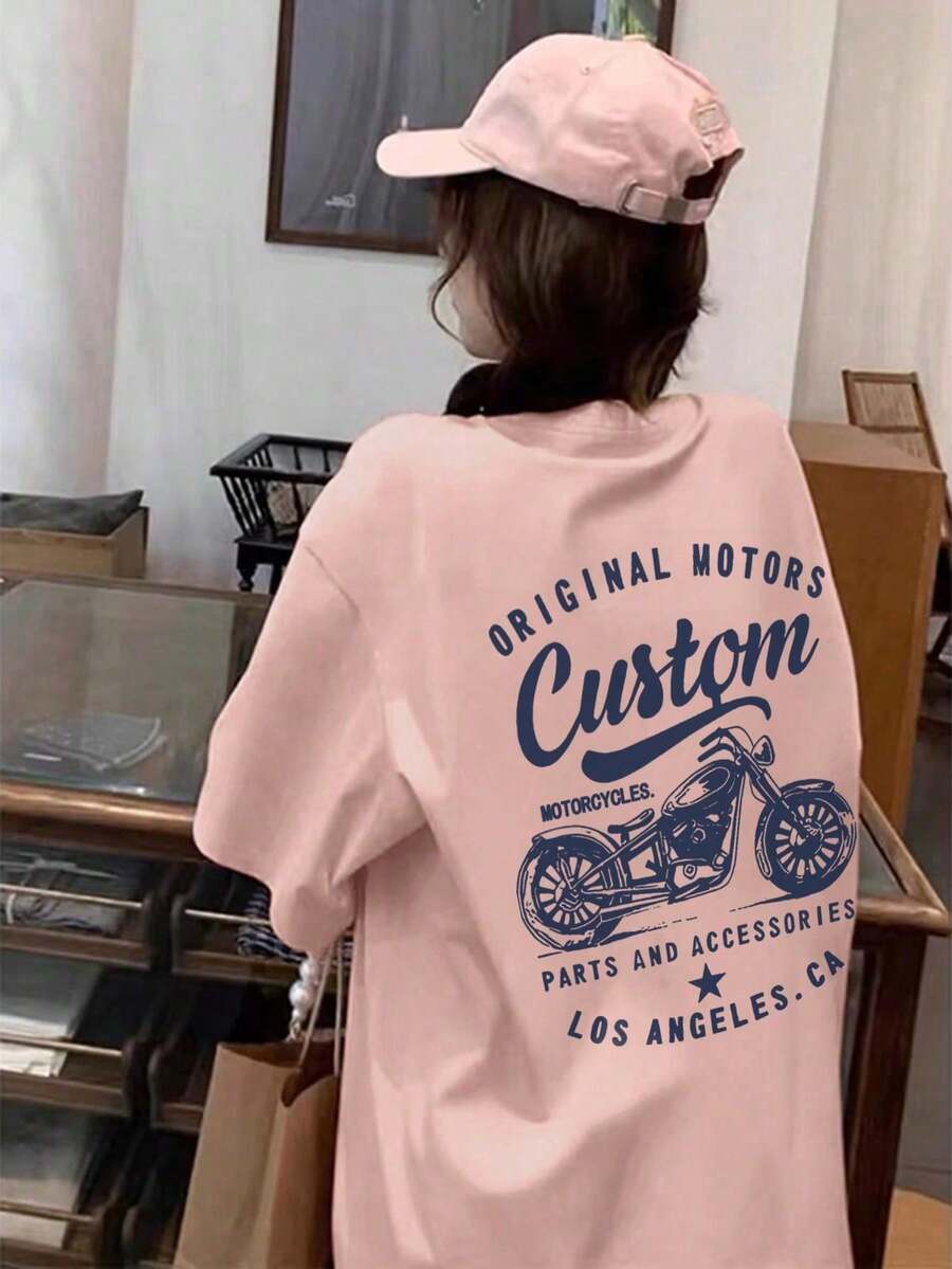 Damen-T-Shirt mit lockerer Passform, Rundhalsausschnitt, Buchstaben- und Motorrad-Grafikdruck, kurzen Ärmeln, vielseitig für Frühling/Sommer, Schwarz, Kleidung, T-Shirts für Männer - Pink - Übersicht 1