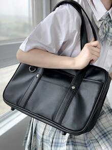 Sac fourre-tout en PU lisse noir unicolore, sac à bandoulière d'uniforme scolaire Seifuku japonais classique avec bandoulière amovible. - Noir - Voir 6