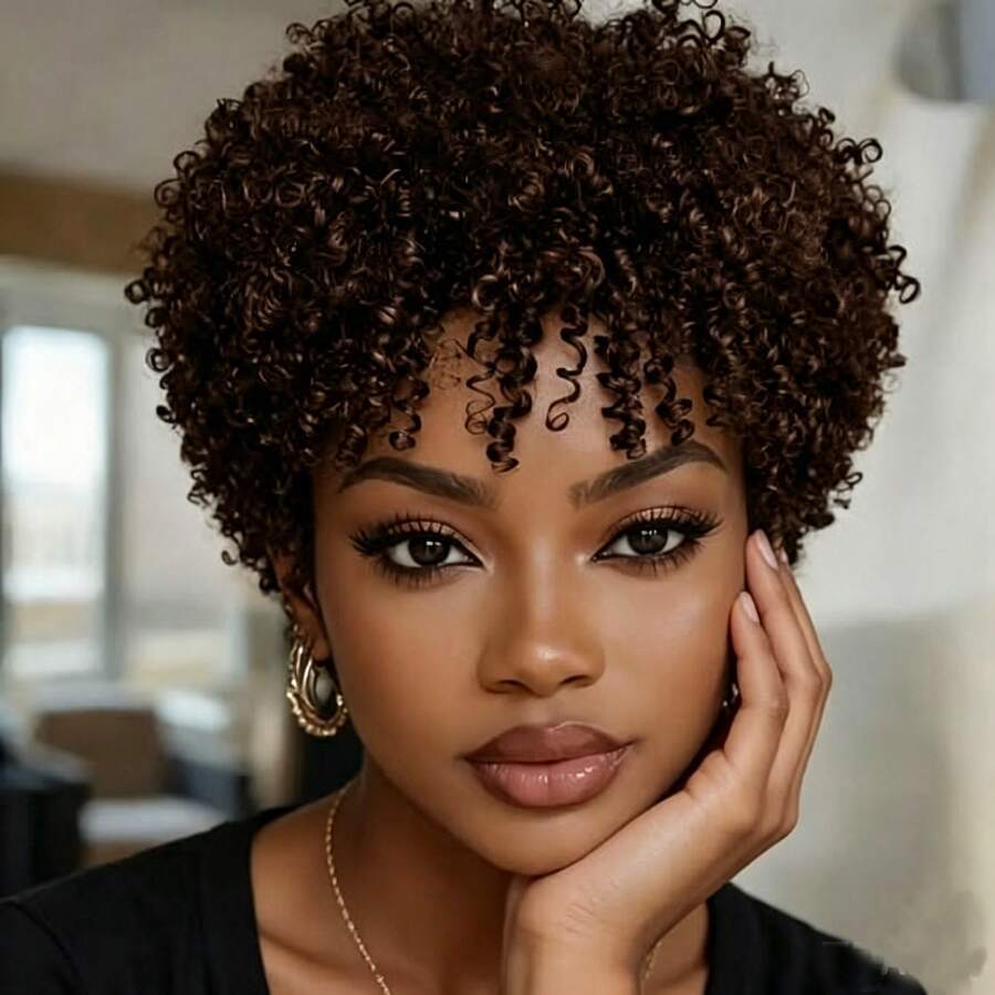 Short Pixie Cut Wig Human Hair Afro Curly/Kinky Curly With Bangs 200% Density African Style Wig Brazilian Human Hair Wig Suitable For Women