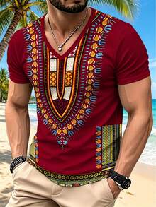 Camiseta de manga corta con cuello en V y estampado geométrico de dashiki africano color burdeos para hombre, estilo bohemio ligero para playa y vacaciones casual - Multicolor - Ver 1