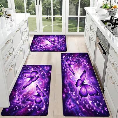 Kitchen Floor Mat With Purple Butterfly And Galaxy Pattern, Non-Slip Area Rug For Kitchen, Living Room, Bedroom, And Laundry Room Decor