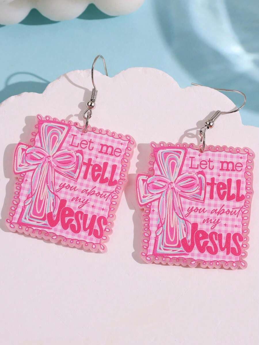 1對時尚精緻獨特設計耶穌標語「Let Me Tell You About My Jesus」十字架壓克力垂墜耳環,女款日常穿戴派對飾品 - 彩色 - 查看 1