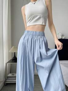 Limited Domestic Shipping! Light Blue Cool Quick-Dry Lightweight High Waist Stretch Wide Pants, Korean Y2K Casual Loungewear For Petite & Tall Women - Baby Blue - View 12