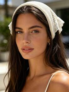 1 pieza Pañuelo triangular de mujer beige con encaje calado de punto, envoltura de cabeza de malla transpirable sin nudo, accesorio para el cabello de estilo pastoral francés exquisito y dulce, adecuado para peinado suave de media coleta diario y atuendo casual - Albaricoque - Ver 8