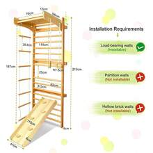 SAILUN Swedish Ladder Wall Bars Wooden 6 In 1 Climbing Frame Includes Pull Up Bar, Gymnastics Rings, Ladder, Slide/Climbing Board, Monkey Bars Play Gym For Adult, 100kg Capacity - Wood Colour - View 2