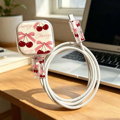 3pcs Compatible With IPhone 17 UK Standard 18W/20W Original Charger Protective Case (Cable Cover Not Included) TPU Transparent Soft Shell Anti-Drop, Minimalist Cute Girl Pink Cherry Bow 40W Apple Fast Charging USB-C To Lightning Cable Connector Bite Guard Phone Accessory Decoration, Ideal Gift For Friends And Family