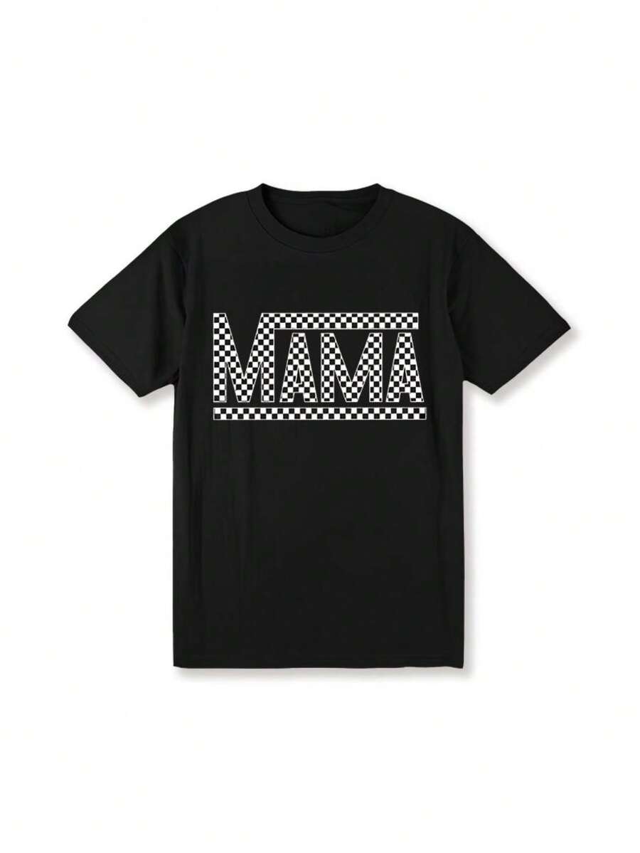 T-shirt with Checkerboard MaMa Design, For Women [180G 100% cotton, lightweight and breathable, soft and comfortable] - Schwarz - Übersicht 1
