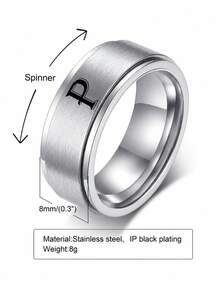 1件男士時尚不鏽鋼磨砂階梯經典戒指，字母A-Z，內徑1.82mm - 銀色 - 查看 10