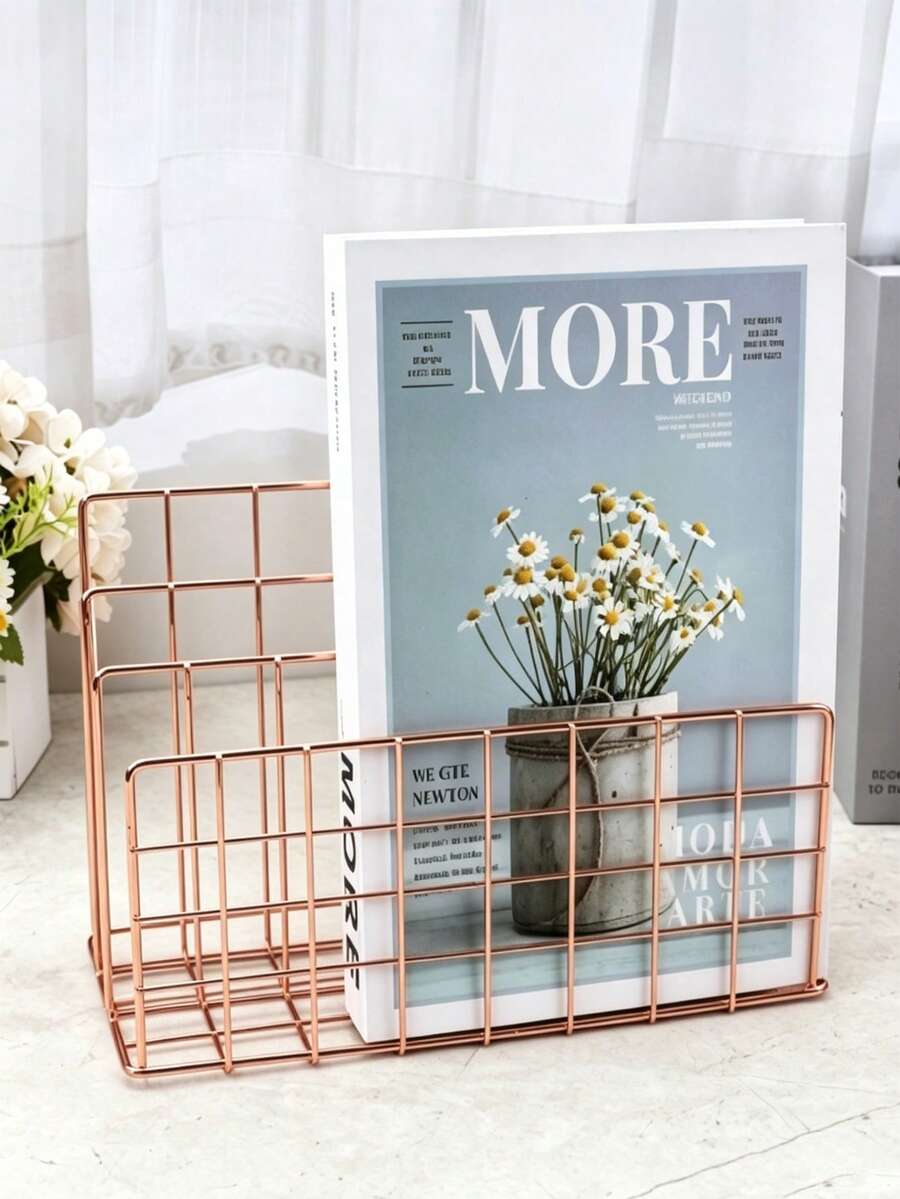 Modern Nordic Style Silver Metal 3-Tier Bookshelf, Office Book Storage Rack With Storage Basket, Fashion Magazine & Newspaper Holder, 10-Slot Desktop Drawer Organizer, Home Office Decor