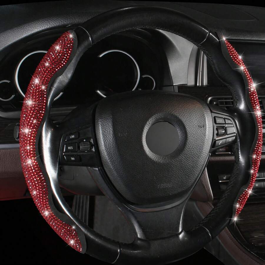 2 piezas Funda de volante antideslizante - Decoración de diamante de cristal + Diseño incrustado de dos secciones + Sin anillo interior, Para coche/MPV/SUV/RV/Camioneta/Furgoneta