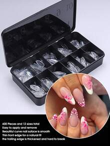 12 Uñas Postizas de Cobertura Completa con Forma de Almendra, Juego de Pegatinas de Arte de Uñas Reutilizables para Salón de Uñas y Uso Doméstico DIY - transparente - Ver 5