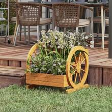 Planter On Wheels In The Shape Of A Wagon Wheel, 61 X 62 X 57 Cm, Weatherproof And Water-Repellent, 3 Levels With Drainage Holes, Made Of Fir And Teak Wood. - C - View 1