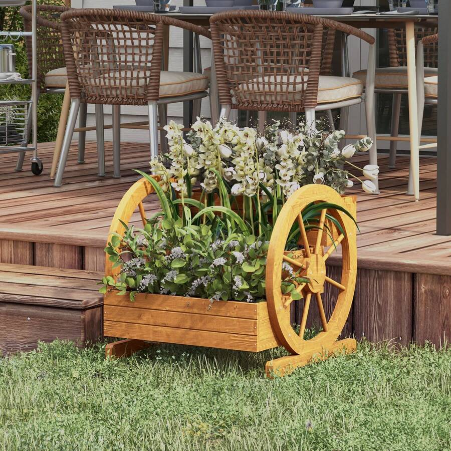 Planter On Wheels In The Shape Of A Wagon Wheel, 61 X 62 X 57 Cm, Weatherproof And Water-Repellent, 3 Levels With Drainage Holes, Made Of Fir And Teak Wood. - C - View 1
