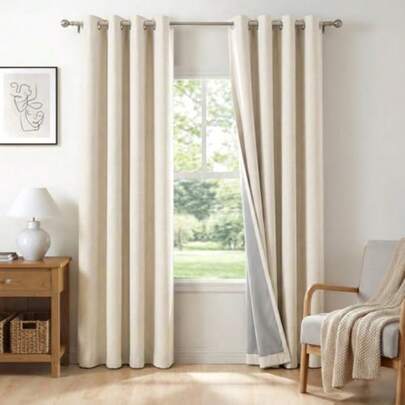 Linen Textured Total Blackout Curtains For Bedroom 84 Inch Long, Butter Cream Grommet Curtains For Living Room, Thermal Insulated Room Darkening Drapes, 50" W X 84" L, 2 Panels