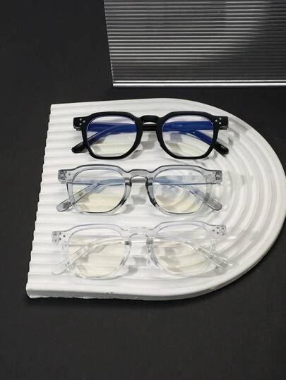 3 PCS Men Multi Rivet Temple Decor, PC Frame, Retro Asymmetric Square Clear Lens Eyeglasses Set, Office Work, Daily Campus, All Season Matching