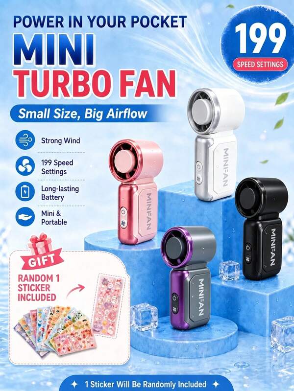 1pc New Mini Fan With Stickers, 199-Speed Adjustable Portable Turbo Fan, 40,000 RPM, USB Rechargeable Powerful Airflow Pocket Cooling Fan, Summer Essential, Heat Dissipation, Suitable For Office, Travel, Home, Work, Study, Bedroom, Camping, Outdoor Use