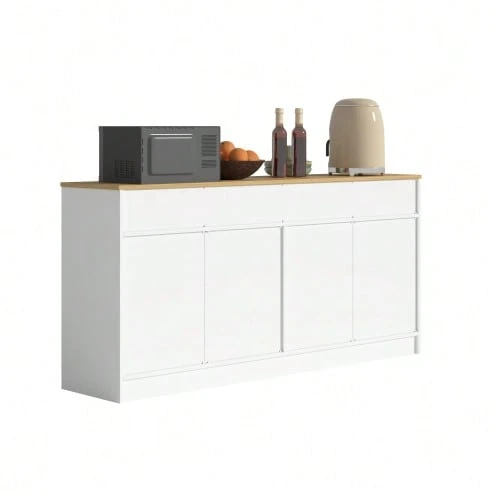Kitchen Unit/Sideboard With 3 Drawers And Adjustable Shelves, 160 Cm Kitchen Island With Concrete-Look Worktop, Walnut Finish, 76.5 X 160 X 37 Cm - White - View 1