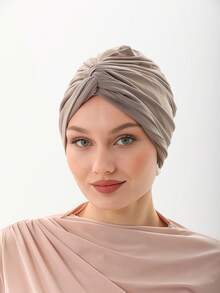 1 pieza Gorro turbante clásico minimalista de unicolor para mujer, diseño plisado completo de alta elasticidad, antideslizante, absorbente de sudor, transpirable, envoltura de cabeza plisada multicapa, hace que la cabeza se vea llena, combina perfectamente con el hiyab, tela de punto premium suave y cómoda de modal amigable con la piel, adecuado para uso diario - Beis - Ver 4