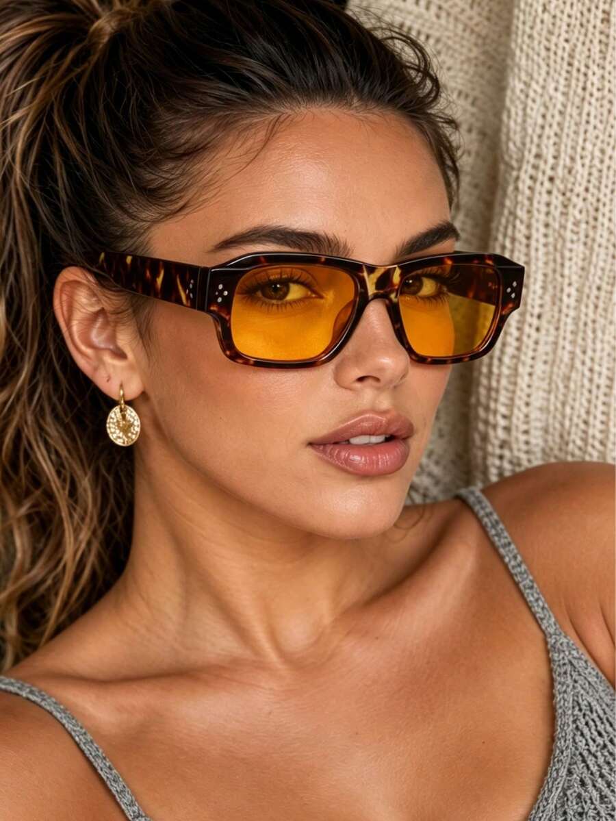 1pc Leopard Print Bohemian Butterfly Square Frame Rivet Decor Women's Fashion Glasses, Suitable For Daily Life, Parties, Music Festivals, Street Photography, Weekend Outfits, Family Outings, Fits All Face Shapes, Also Suitable For Back To School, College Style, Campus Style - Multicolor - View 1