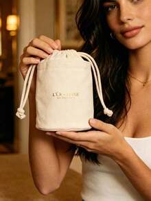 L'Occitane Off-White Linen-Style Cylindrical Drawstring Makeup Bag, Large Capacity Fabric Cosmetic Organizer Pouch, Portable Toiletry Storage Bag For Commute, Travel And Travel, Minimalist Ins-Style Cylindrical Storage Bag, Birthday Holiday Gift For Best Friend - Champagne - View 2