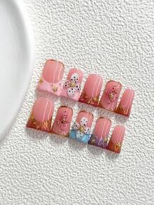 10Pcs Vintage Luxury Style Handmade Press On Nail,Polygel Nail Set,Trim French Tip,Pink And Orange Nail Polish,French Girly Aesthetic Style,Includes Nail Tools,3 Sizes Available,Almond Nails,Duck Nails,Coffin Nails For Party,Dance,Daily Wear. - 彩色 - 查看 13