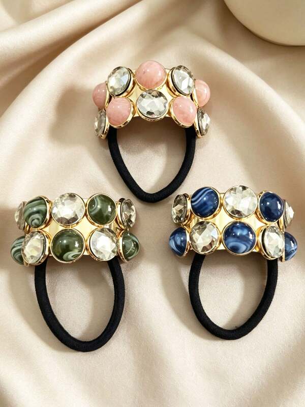 1pc Women's Sweet Elegant Luxury Vintage Rhinestone Hair Tie, Agate Texture Round Beads Exquisite Alloy High Elasticity Hair Band, Commute Versatile Elegant Hair Accessory