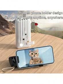 LADAPU 快充整合線便攜式電源 10000mAh 5W 慢充多功能太陽能板行動電源，大容量可充電便攜式手機充電器，內建 4 合 1 可拆卸線，4 種模式超亮手電筒，戶外旅行必備電池組，隱藏式手機支架，陣亡將士紀念日，畢業季 - 白色 - 查看 6