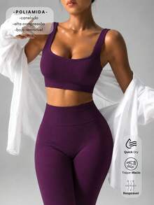 Fitness Set In Ribbed, Thick Polyamide - Top And Leggings - High Compression - Berenjena - Ver 1