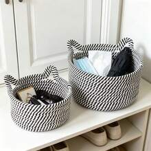 1pc/3pcs Handmade Woven Cat Design Rope Storage Basket, Cat Ear Decor Woven Desktop Storage Basket, Suitable For Living Room, Bedroom, Desktop, Bedside, Bathroom, Dorm, Home Atmosphere Decor, Modern Bohemian Rope Hanging Basket, Natural Mixed Rattan Decor, Perfect For Back To School Season - Black and White - View 8