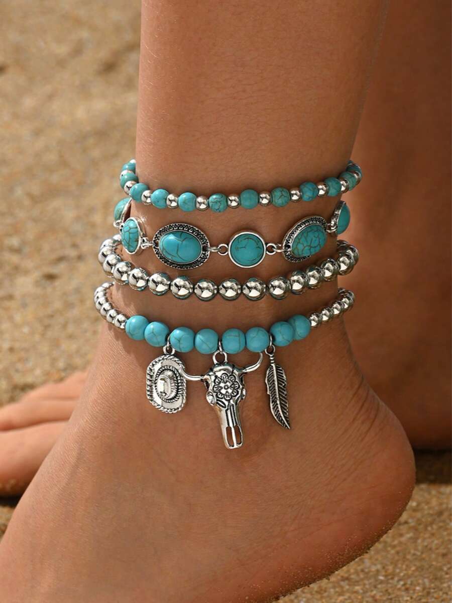 4pcs Western Cowboy Style Blue Turquoise CCB Beaded Anklet Set With Bull Head, Hat And Leaf Pendant, Vintage Layered Anklets For Women, Suitable For Daily Wear, Party And Date - Multicolor - View 1