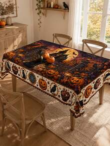 1pc-Halloween Tablecloth, Haunted House Black Cat Pumpkin Candy Table Cover, Spooky Gothic Fall Holiday Table Decor For Dining Room Kitchen, Party Home Decoration, Indoor Outdoor Tabletop Cover - Multicolor - View 10