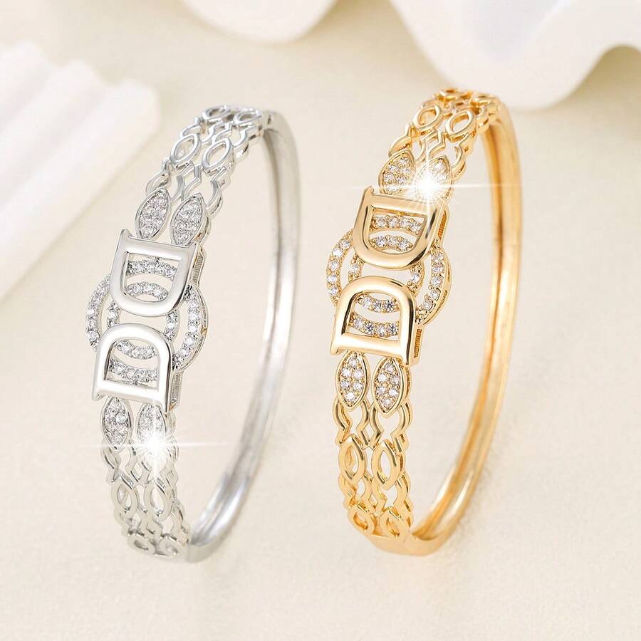 1 Stück Damen Geometrisches Cut Out Öffnungs- und Schließ-Armband, Luxuriöses glänzendes Schloss-Design Armreif, vielseitiges Accessoire für täglichen Arbeitsweg, Dates und Partys - Gold - Übersicht 1