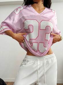 FIFA Loose V-Neck T-Shirt With Cute Y2K Summer Streetwear Graphic And Digital Pattern, Suitable For Men And Women - Pink - View 4