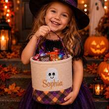 Personalized Halloween Candy Basket, Custom Trick Or Treat Tote Bag, Kids Pumpkin Bucket, Soft Rope Halloween Basket, Embroidered Name Gift - Multicolor - View 2